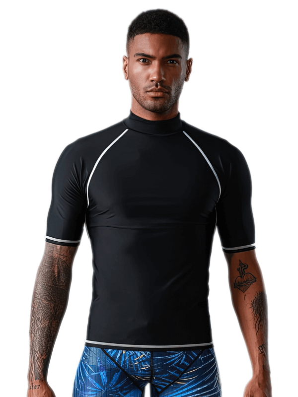 Man wearing black sports elastic beach T-shirt for water sports, short sleeve, UPF 50+, ideal for surfing and diving, SF0951